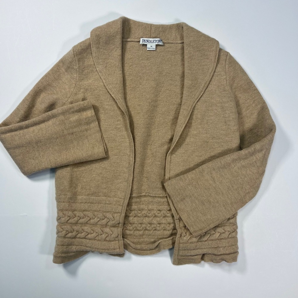 Pendleton Cardigan Women Medium Tan 100% Merino Wool Shawl Collar Cable Knit Hem